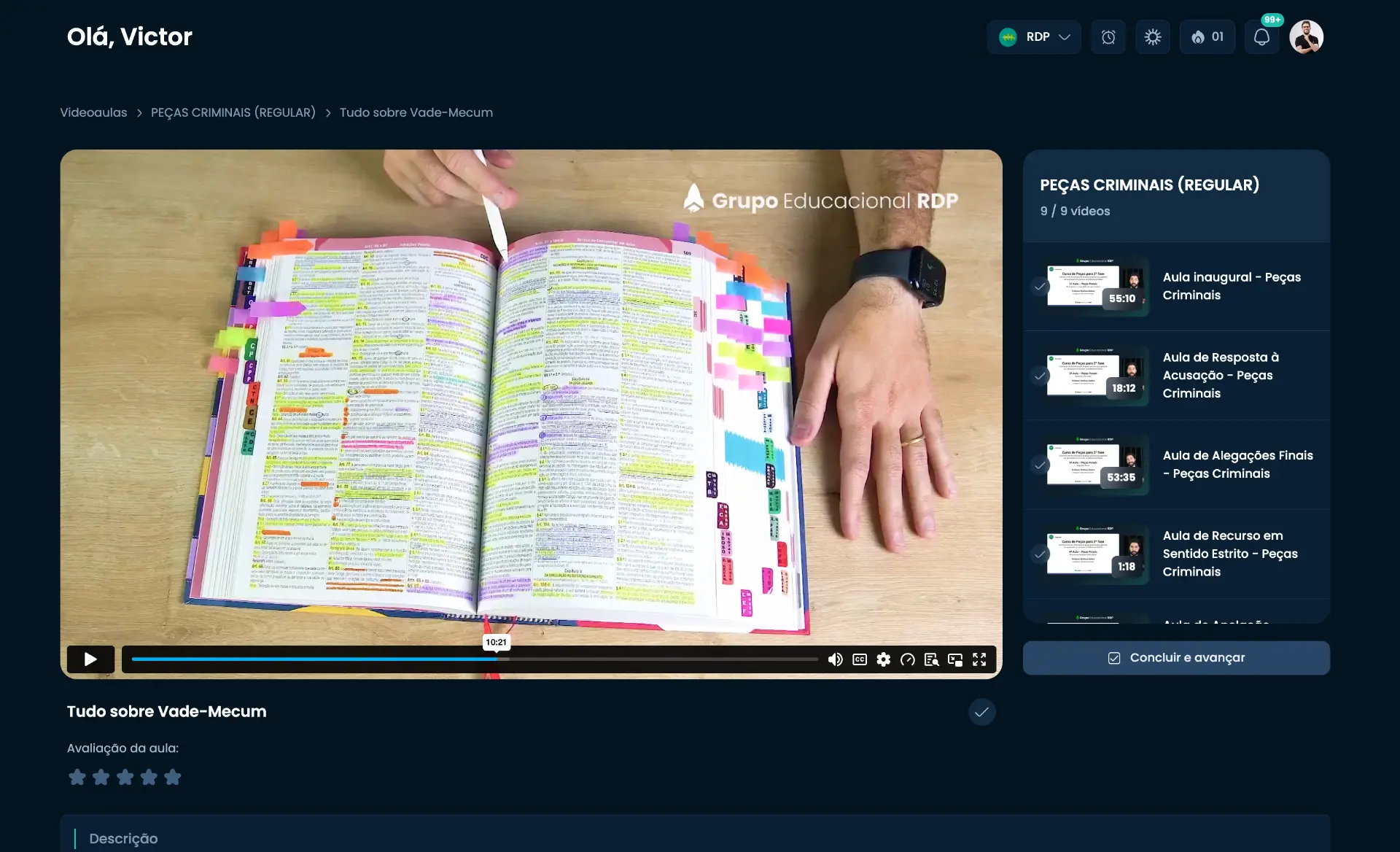 Aula Tudo sobre Vade-Mecum na plataforma do curso, com o player de vídeo e a lista de aulas de peças criminais